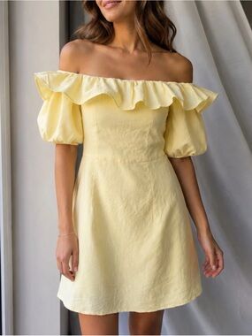 h&m yellow linen dress Ladies - Yellow/Floral Linen-Blend Dress - Size: L